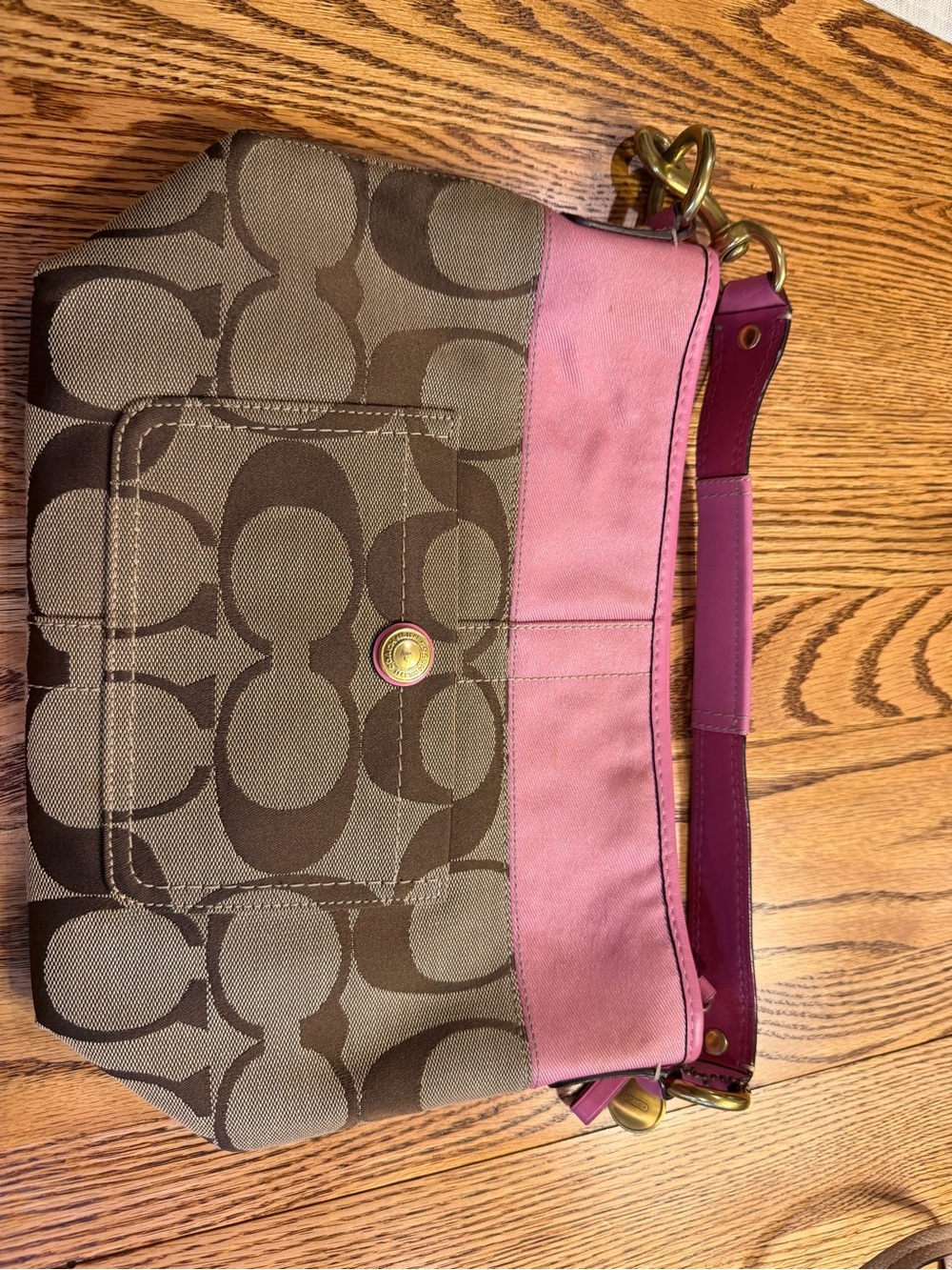 Coach Brown Signature Canvas Shoulder Bag with Pink Accents